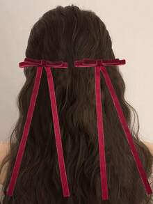 2pcs Y2K Velvet Bow Long Streamer Hair Clips, Cute & Elegant Hair Accessories For Women, Suitable As Christmas Gift, Hair Claws, Hair Slide, Hair Barrettes