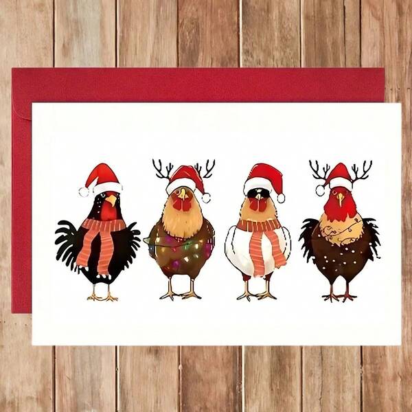 1pc Funny Santa Claus Chicken Greeting Card - Cartoon-Themed Holiday Card, Perfect For Anyone, Includes "Merry Christmas" Message, Ideal For Festive Celebrations, Christmas Greeting Card | Cartoon Themed Card | Paper Card, Christmas Greeting Cards