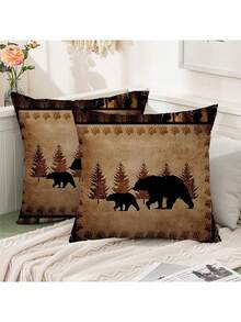 Buy 1 Get 1 Free, Total Of 2 PCS Rustic Bear Pillow Covers - Ultra-Soft Plush, Wildlife-Themed Design, Yellow & Brown, 18x18 Inch Couch Sofa Accent - Cozy Cabin Country Home Decor, No Pillow Insert