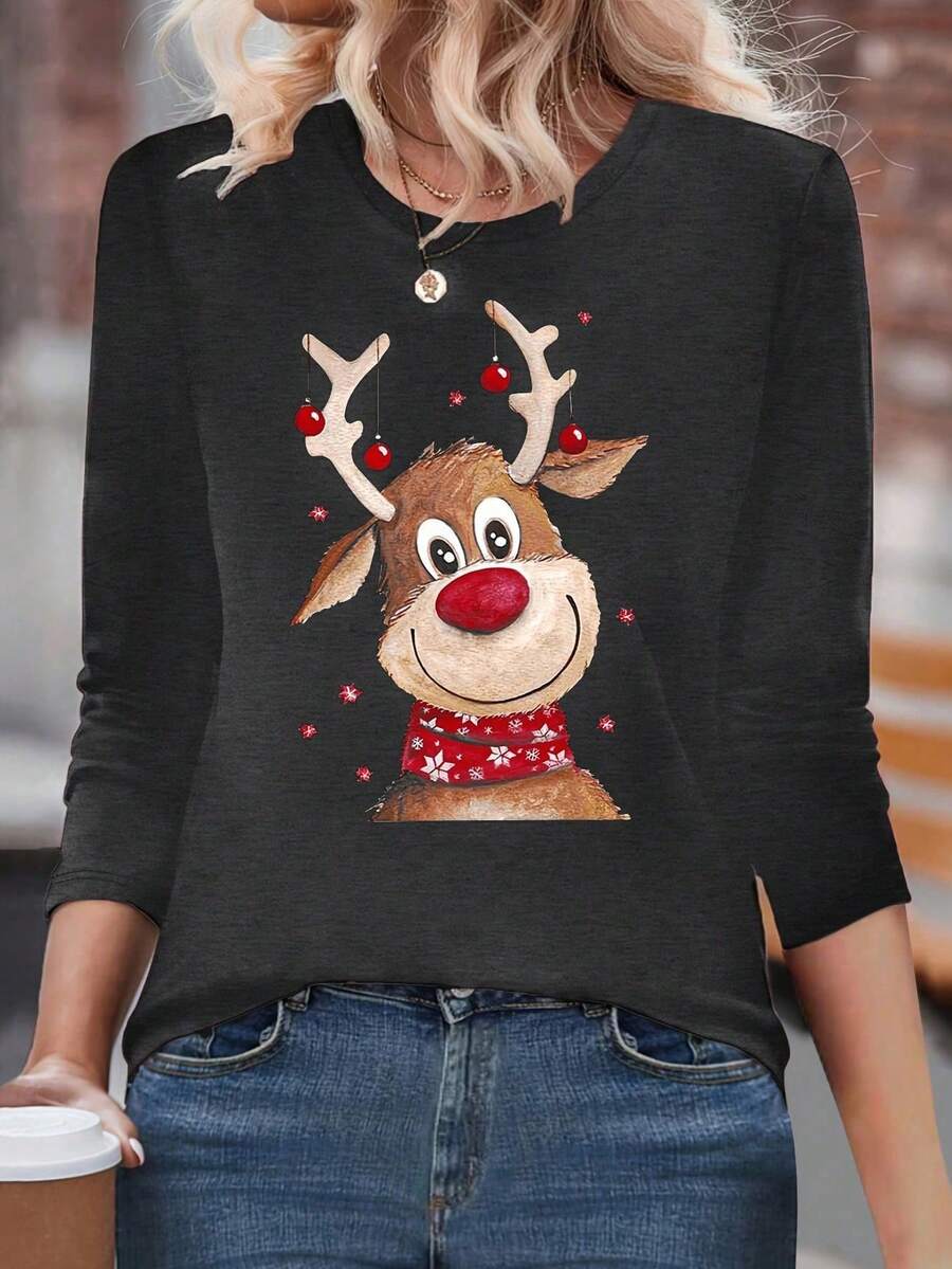 圣诞节可爱卡通驯鹿印花圆领休闲长袖T恤 - 深灰色 - 查看 1