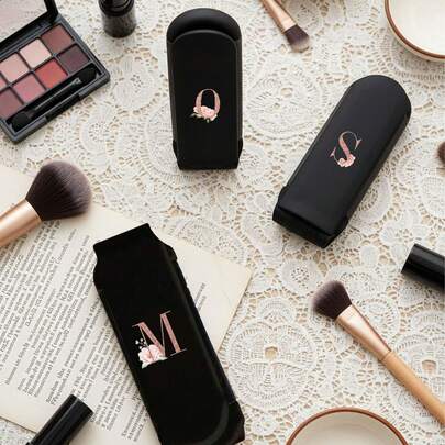 时尚黑色圆形镜，饰有花卉和字母图案 - 设计师旅行配件，便捷滑动迷你镜，塑料材质，耐磨，轻巧便携，口袋镜，迷你化妆镜，全新设计，男女皆宜，情侣适用，日常使用