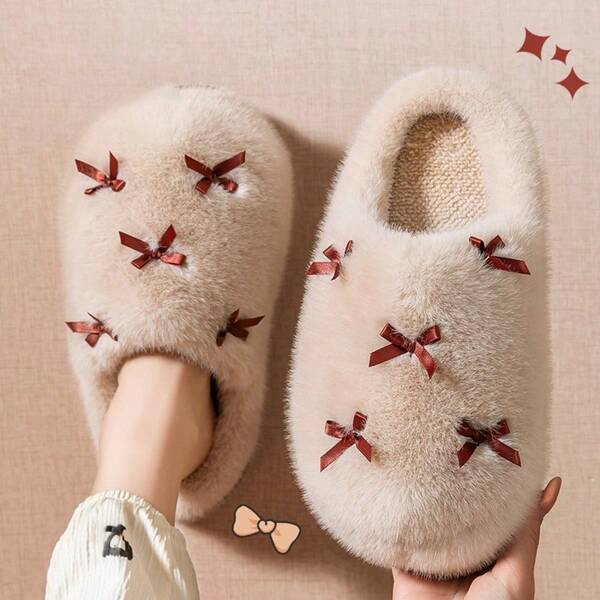 Pantuflas térmicas con lazo para mujer, pantuflas gruesas y cálidas antideslizantes de felpa para interiores en otoño/invierno