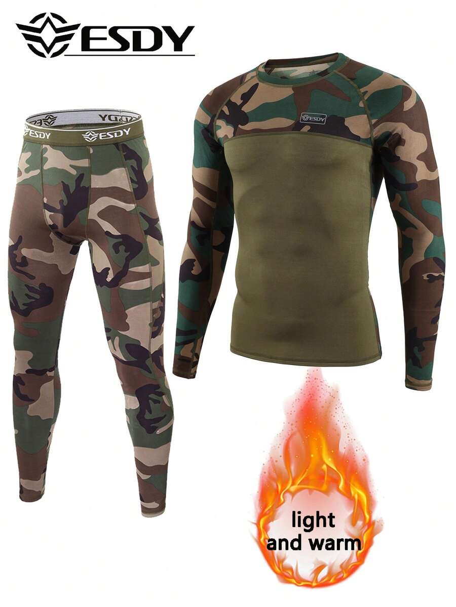 ESDY 1Set Men's Knitted Underwear Set - Winter Men's Outdoor Sports Training Suit - Outdoor Skiing, Hunting, Camping Multi-Functional Base Layer Warm Underwear, Suitable For Spring, Autumn And Winter - Army Green - View 1