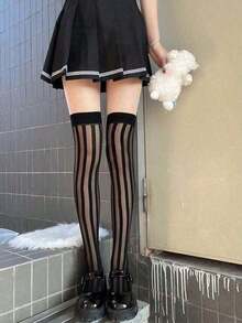 "1 Pair Of Sexy Lace Floral Band Over-The-Knee Fishnet Stockings With Thick Stripes - High Thigh Fashion Accessory", Y2k - 黑色 - 查看 6
