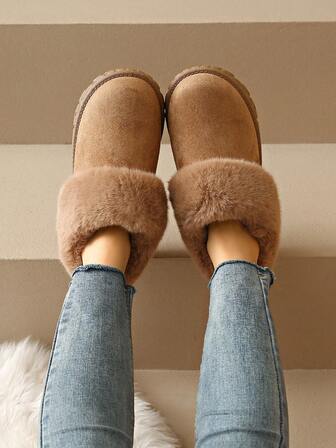 女士时尚可爱毛绒闭趾家居拖鞋，舒适保暖软底室内鞋，复古厚底防滑耐穿保暖拖鞋，日常居家必备，棕色毛绒装饰，时尚百搭，橡胶鞋底防滑耐穿，易于穿脱