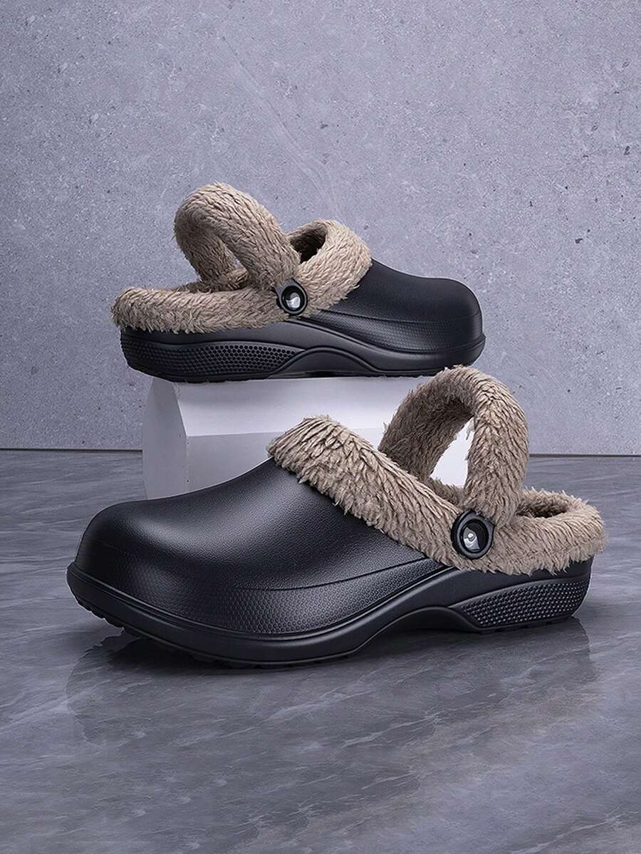 秋冬保暖拖鞋，新款男士室内外保暖防滑休闲简约冬鞋 - 黑色 - 查看 1