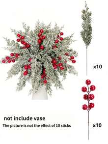 30pcs Christmas Artificial Snow Pine Branches With Red Berries, Faux Norfolk Pine Needles, For DIY Crafts, Wreaths, Home Decor, And Christmas Tree Ornaments, Tabletop Plastic Greenery For Fall, Winter, And Holiday Arrangements Garland Home Decor Christmas Decorations Room Decor