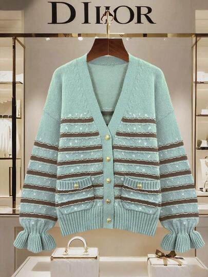 Women's Color-Block Striped Top, V-Neck Long-Sleeved Lace-Trimmed Button-Down Sweater With Pockets, For Casual And Streetwear, Suitable For All Seasons And Highly Popular, Office Outfits For Women, Women's Outwear Tops, Women's Cardigans,Christmas Sweater,Thanksgiving Outfit For Women.