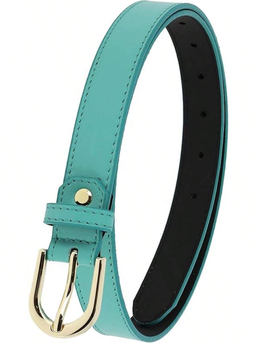 Women Genuine Leather Belt, Fashionable, Made In France - 水藍色(金色扣環) - 查看 1