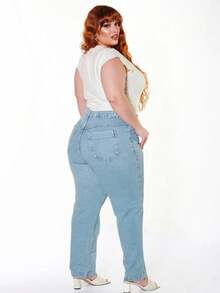Calça Jeans Mom Básica Plus Size Cintura Alta Casual Simples    Bolso  Zíper  Botão