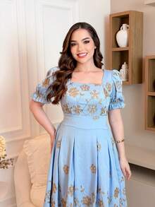 Elegant Viscose Midi Dress With Short Sleeves - Baby Blue - View 6