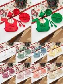 8PCS Print On Demand Custom Name Pattern Baby Silicone Tableware Set Personalized Customization Sucker Bowl Plate Leakproof Baby Cup Baby Bib Soft Spoons Forks,Cutlery Set - Multicolor - View 3