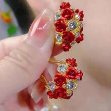 2pcs Creative Rose Earrings Fashionable, Simple And Versatile Couple Gift Women's Fashion Jewelry - 紅色 - 查看 2
