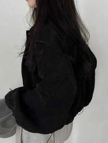 Chaqueta casual de manga larga con botones delanteros de unicolor, versátil, color negro para primavera - Negro - Ver 2