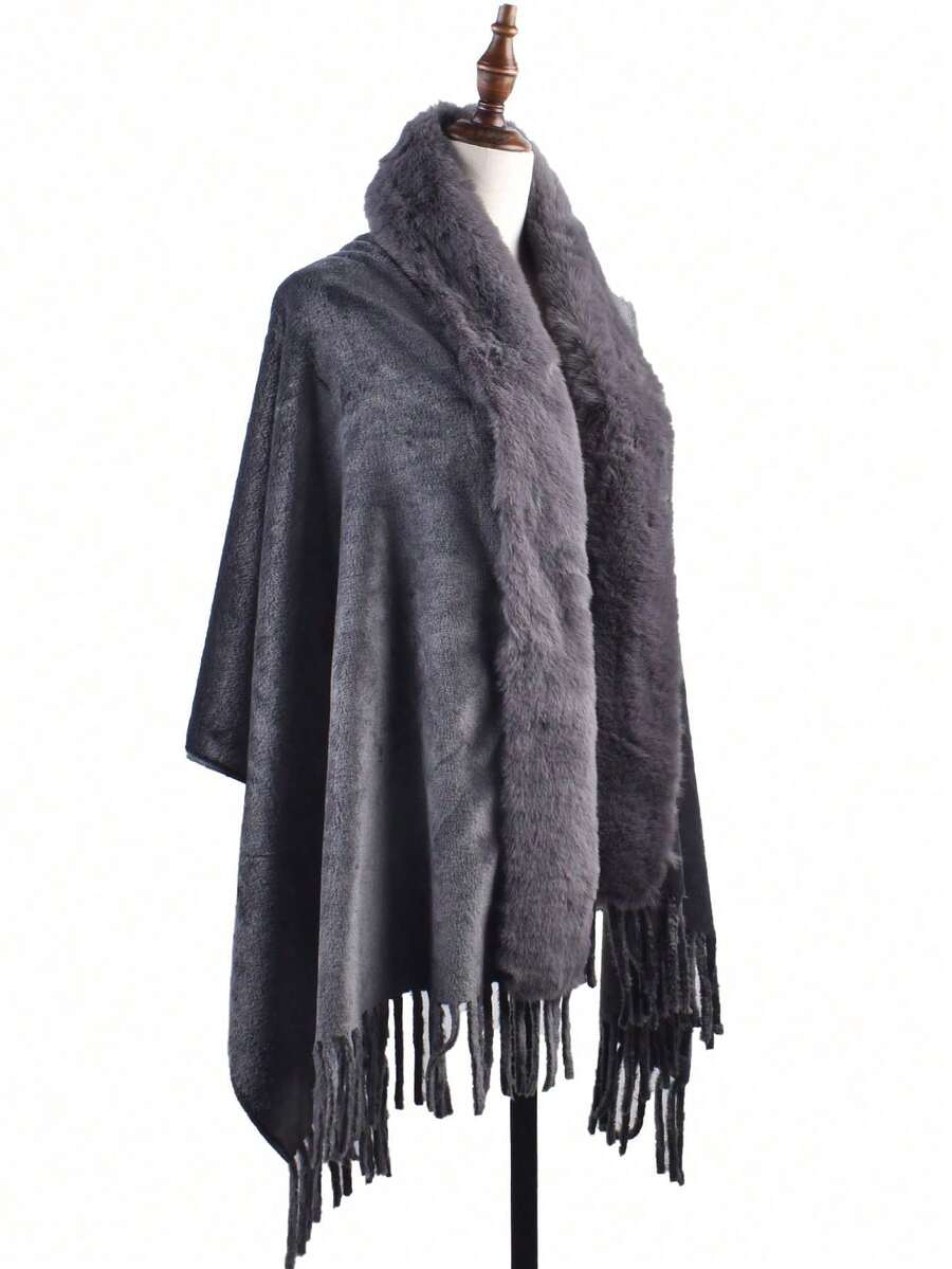 1 pieza Nuevo abrigo de invierno de moda, cálido y esponjoso, chal de unicolor, suave y amigable con la piel, versátil y amplio con flecos, para usar a diario con vestidos - Gris - Ver 1