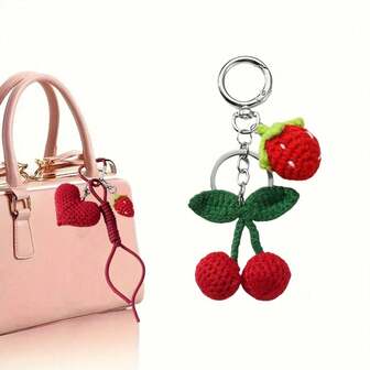 Handmade Crochet Keychain Pendant, Realistic Heart-Shaped Strawberry/Realistic Cherry Strawberry Options, Soft Yarn Material, Suitable For Couples, Bags And Car Keys, Accessory, Decorative Keychain, Textured Keychain, Crochet Keychain Bag Charms Car Accessories Teacher Friend Sister Gift Ideas