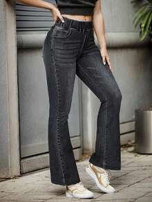 Quần jeans nữ ống loe cạp cao dáng ôm màu trơn, lưng thun, kiểu dáng đường phố đa năng, màu đen, thích hợp cho mùa xuân. - màu đen - Xem 6