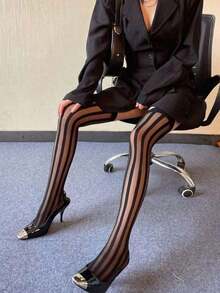"1 Pair Of Sexy Lace Floral Band Over-The-Knee Fishnet Stockings With Thick Stripes - High Thigh Fashion Accessory", Y2k - 黑色 - 查看 7
