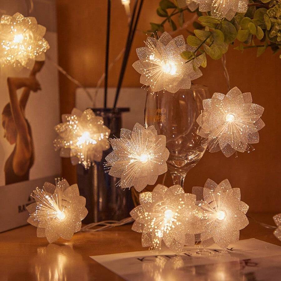1 buc 2M LED alb fibră flori șir lumini cu baterii ghirlandă decorațiuni de Revelion pentru interior living dormitor dormitor decorare cadou utilizare zilnică festival
