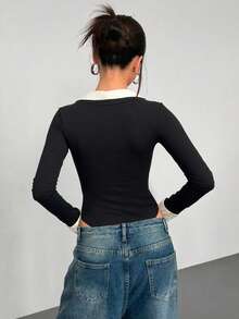 Solid Color Knit Fabric Patchwork Ribbed Long Sleeve Bodysuit, Beach Resort, Spring - Black and White - View 5