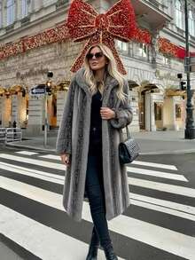 2025 冬季新款人造毛皮休闲时尚外套，复古连帽宽松中长袖女式人造毛皮夹克 - 灰色 - 查看 2