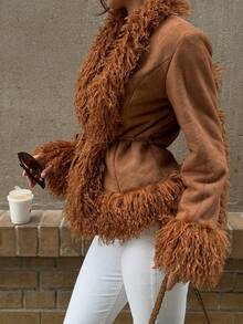 Brązowa kurtka damska SOLTRB z futra syntetycznego w stylu vintage, idealna na wakacje i sylwestra - Brązowy - Zobacz 6