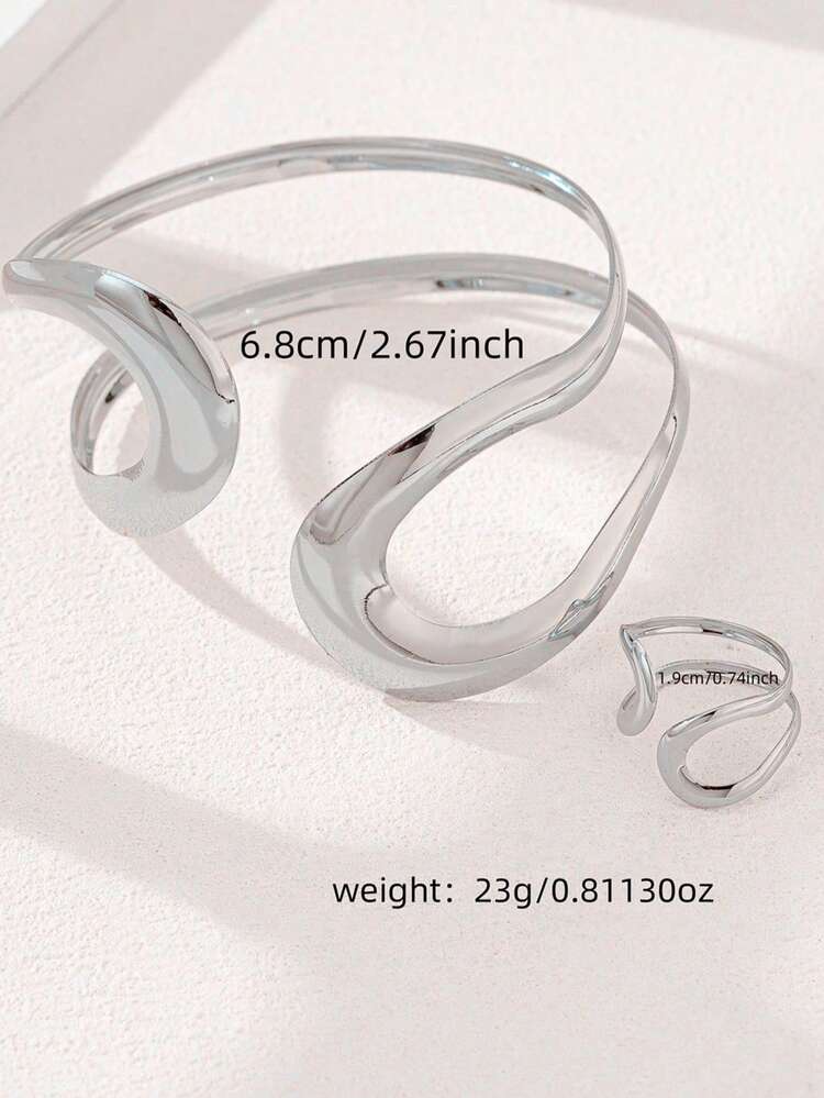 1 Set de Anillos y Pulsera Geométricos Huecos para Mujer - Plateado - Añade 4