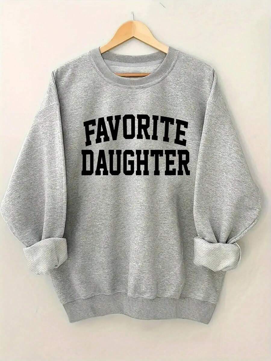 2025FAVORITE DAUGHTER Graphic Print Women's Casual Sweatshirt - Black Round Neck Long Sleeve Pullover, Machine Washable Autumn Winter Warmth, Perfect Gift For Daughters, Sweaters For S, Cozy Winter Apparel, Relaxed Fit Pullover, Comfortable CasualwearSoft And Breathable - 灰色 - 查看 1
