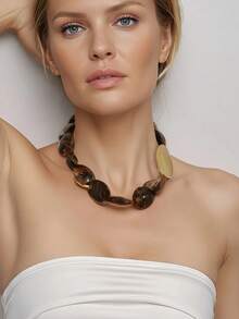 1pc Retro Contrast Color Asymmetrical Resin Beaded Necklace, Exaggerated Clavicle Chain, Fashionable Accessory