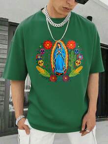 Camiseta de algodón 100% para hombre, estampado de la Virgen de Guadalupe con flores, calaveras y cactus | Camiseta personalizada para hombre, clásica y suave para uso diario | Ideal para hombres jóvenes, fiestas temáticas y celebraciones culturales. Regalo perfecto para cumpleaños o San Valentín | Ropa festiva para eventos tradicionales | Camiseta de cuello redondo en algodón puro | Prenda cómoda, transpirable y elegante, moda masculina contemporánea,Ropa del día de la Virgen - Verde - Ver 2