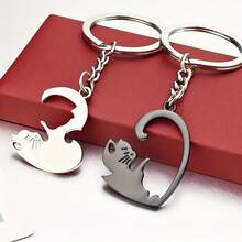 Quirky Cat Design Heart-Shaped Separated Keychain Set, Engraved Love Token, Birthday, Anniversary, Christmas Gift For Best Friend, Couple, Soulmate