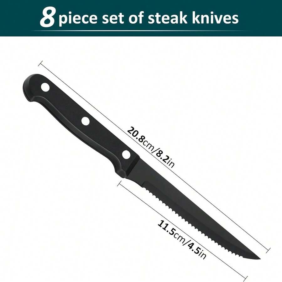 Cuchillos para Carne de 8 Piezas - Juego de Cuchillos para Carne de Acero Inoxidable - Cuchillos para Carne Serrados/Juego de Cuchillos afilados/Cuchillos para cena (Negro) - Negro - Ver 1