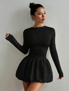 Vestido corto elegante de manga larga con volantes y burbujas para mujer, vestido de cóctel - Negro - Ver 4