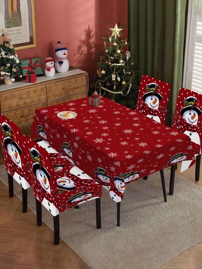 1 pieza/4 piezas/6 piezas/7 piezas/20 piezas Funda elástica para silla de Navidad, mantel de poliéster con decoración de copos de nieve, muñeco de nieve, acebo, estrella, campana, hoja verde, baya roja, lazo, funda protectora lavable para respaldo de silla adecuada para decoración del hogar, comedor, sala de estar, cocina
