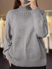 Plus Size Solid Color Casual Turtleneck Long Sleeve Knit Pullover Sweater - Grey - View 3