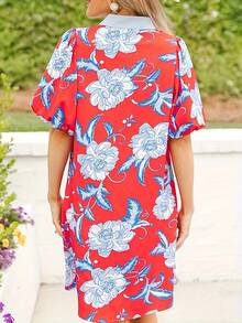 1 PCS Women'S Floral Print Red & Blue/White Color Block Dress With Scallop Trim Detail, Puff Sleeves, V-Neckline & Elastic Cuff - Knee-Length Casual Summer Dress For Adults, Floral Print Dress, Casual Attire, Offshoulder Design, Smooth Texture - 混合顏色 - 查看 5
