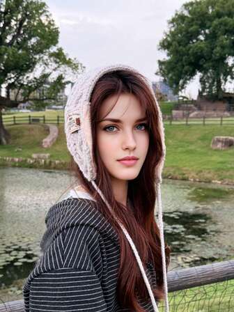 手工编织耳罩，泰迪熊针织纱线，保暖耳罩，冬季耳带，多功能，小脸保暖白色耳罩