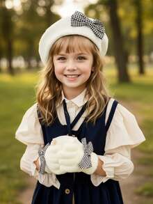 2pcs/Set Girls Knitted Beret Hat & Gloves Set, Elegant, Cute Artist Beret, Acrylic Yarn, Stylish Plaid Bow Design, Fashionable, Thin For Early Winter - 2pcs - View 8
