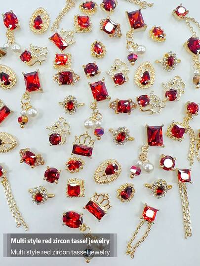 KIRAME KIRAME Red Zirconia Nail Art With Genuine Gold-Plated & Copper Settings,DIY Nail Art At Home,Nails Salon,Nail Supplies,Christmas Nail,New Year,Festival Gift