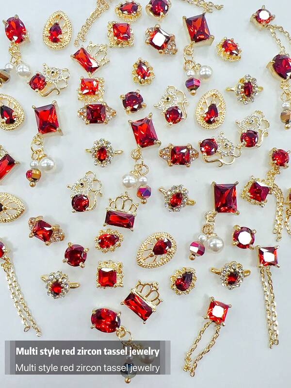 KIRAME KIRAME Uñas de arte con circonita roja con enchapado genuino en oro y cobre, arte de uñas DIY en casa, salón de uñas, suministros para uñas, uñas navideñas, Año Nuevo, regalo de fiesta