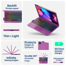 Keyboard Case For IPad 10th Generation&IPad 11th(A16,2025),IPad Air 11(M3,M2/IPad Pro 11 Inch Keyboard,360°Swivel,7 Use Modes,Rainbow Backlight - Màu tím tươi sáng - Xem 5