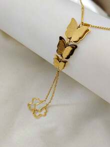 1pc Stainless Steel Butterfly Necklace, New Design Women Clavicle Chain, Elegant Versatile Short Gold Tone Necklace - Gold - View 3