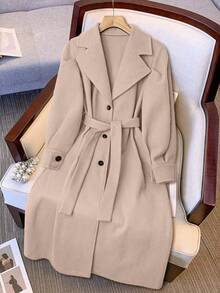Solid Color Knotted Waist Pocket Casual Overcoat - Apricot - View 1