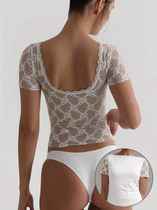 Women's White Lace Short Sleeve Top Fitted, Stretchable Fabric