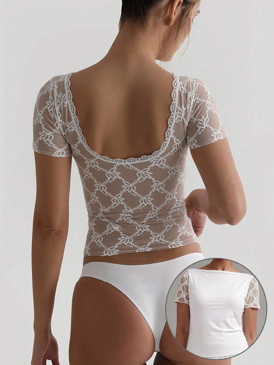 Women's White Lace Short Sleeve Top Fitted, Stretchable Fabric