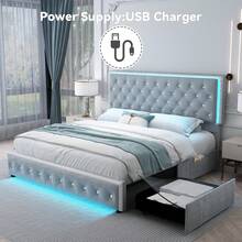 SIBEDS Queen Upholstered RGB LED Platform Bed Frame With Storage Drawers, Crystal Tufted Headboard, Velvet Gray - 絲絨灰 - 查看 8