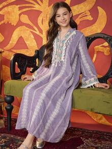 Tween Girl Embroidered Tassel Dress, Purple - Purple - View 1