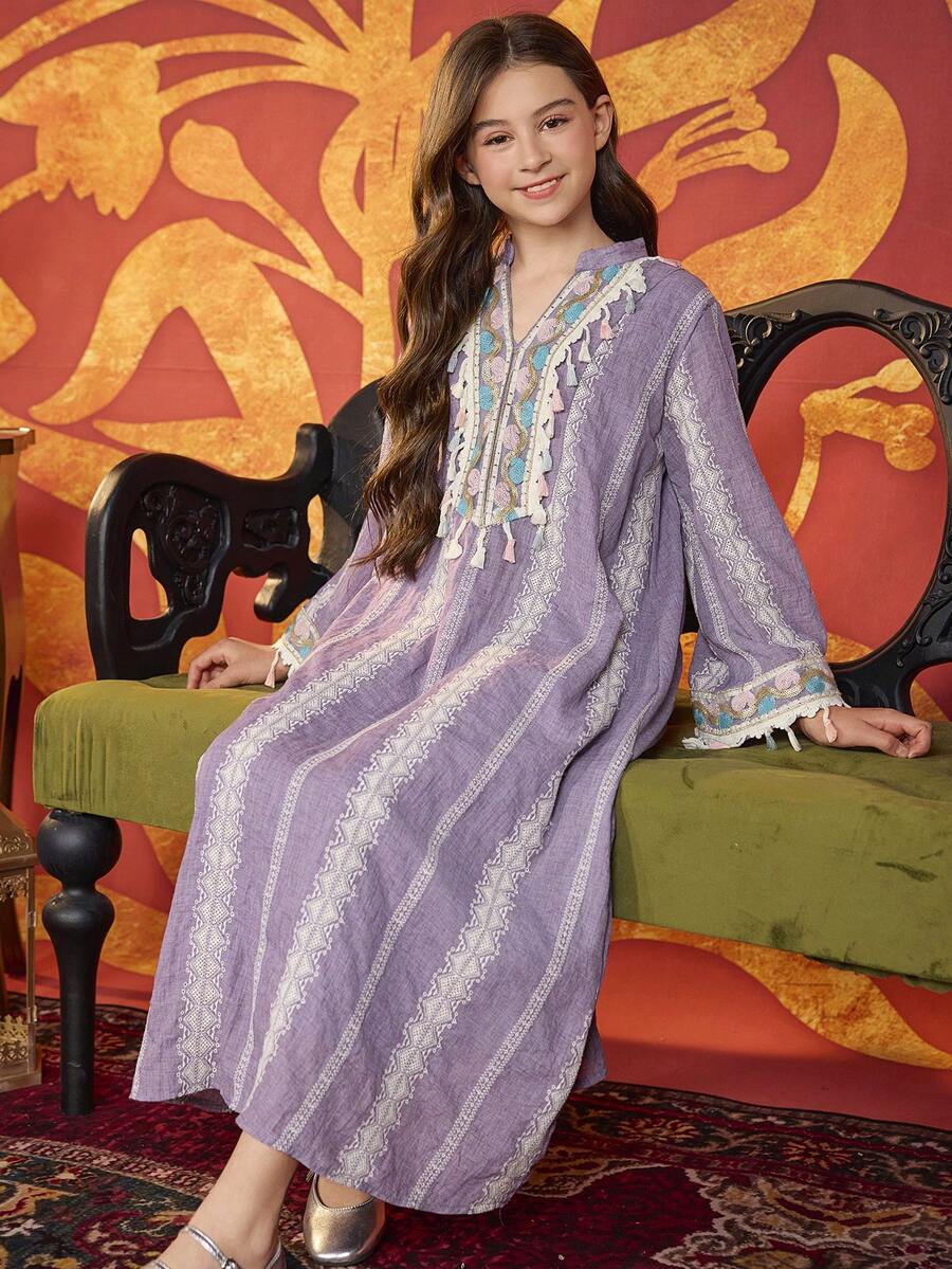Tween Girl Embroidered Tassel Dress, Purple - Purple - View 1