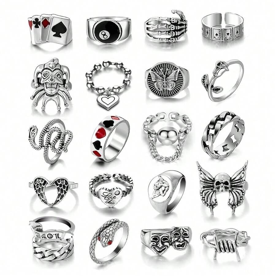 17IF 26-35 Pcs Vintage Silver Knuckle Rings Set For Women Men, Grunge Gothic Rings Chunky Aesthetic Snake Stackable Adjustable Punk Bulky Finger Alt Fairy Skull Frog Heart Star Flower Midi Ring Pack{Inchstyleinch:Inch21RedClowninch} - 21 紅小丑 - 查看 1