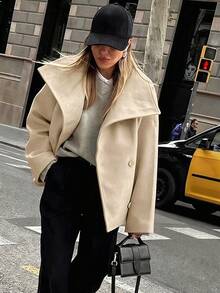 卡其色翻领羊毛大衣，女士宽松版型外套，秋冬新品 - 卡其色 - 查看 9